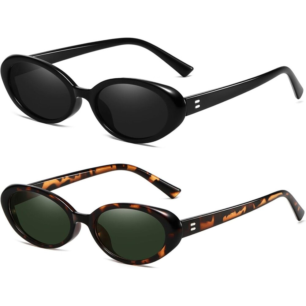 Trendy 90s Retro Oval Sunglasses with UV Protection - 2 Pack Fashion Set